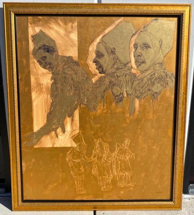 Roul Santos Three Women Acrylic on Canvas Signed: Roul Santos Three Women Acrylic on Canvas Signed Original signed painting by Roul Santos. A well-known artist in the Dominican Republic, Santos has had a long career in the visual arts with a versatil