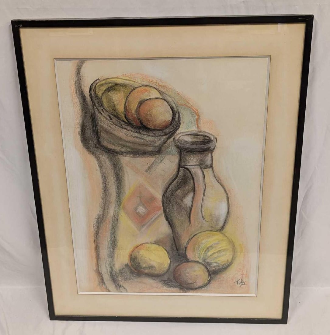 Framed Toby Original Pastel on Paper R72: Framed Toby Original Pastel on Paper R722. The framed original is approx 25 1/4" x 1" x 31" and it weighs 10lbs. The frame has markings and scratches. There are also damp-staining markings on the back