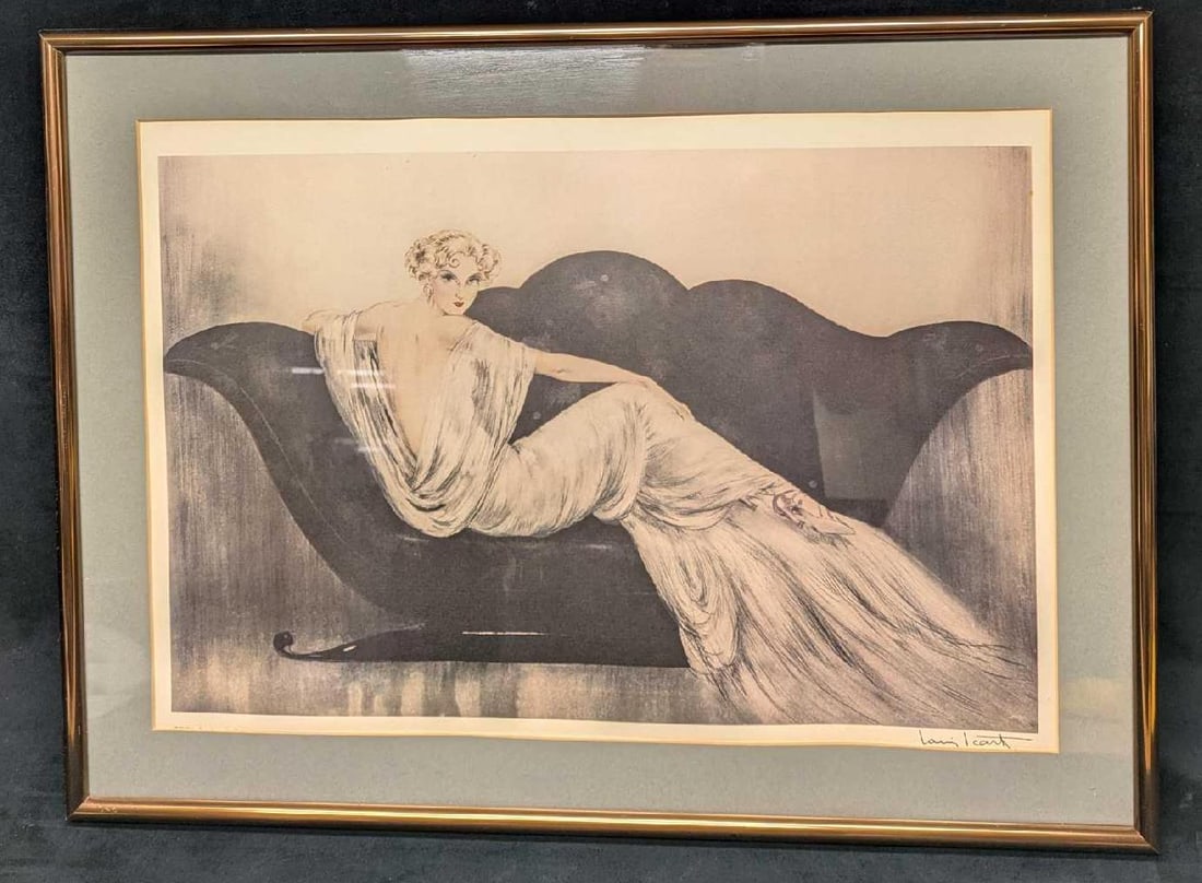 Framed Louis Icart Print Art Deco Woman Sofa JB: Framed Louis Icart Print Art Deco Woman Sofa JB. The framed print is approx 28" x 1 1/4" x 20 3/4" and it weighs 6.60lbs. Please note, the signature is part of the print and not an original. There are