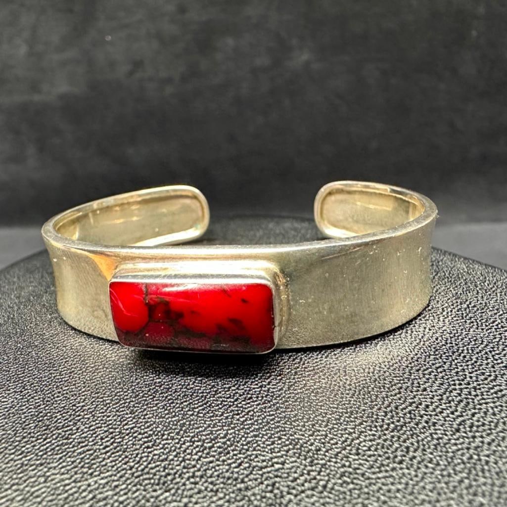 Sterling Enamel Adjustable Cuff Bracelet: This piece of jewelry has been tested and researched prior to listing. Please view all our pictures they are part of our description. DETAILS: Metal - Sterling Silver Color - Silver Stones - enamel Ha
