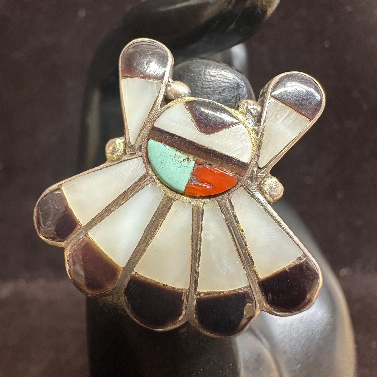 Zuni Style Sunface Silver Ring MOP Coral Turquoise Black Onyx Inlay: This item is in good pre-owned, previously used/displayed condition with noticeable light wear and surface scratches. Please reference all photos for full details. This piece of jewelry has been