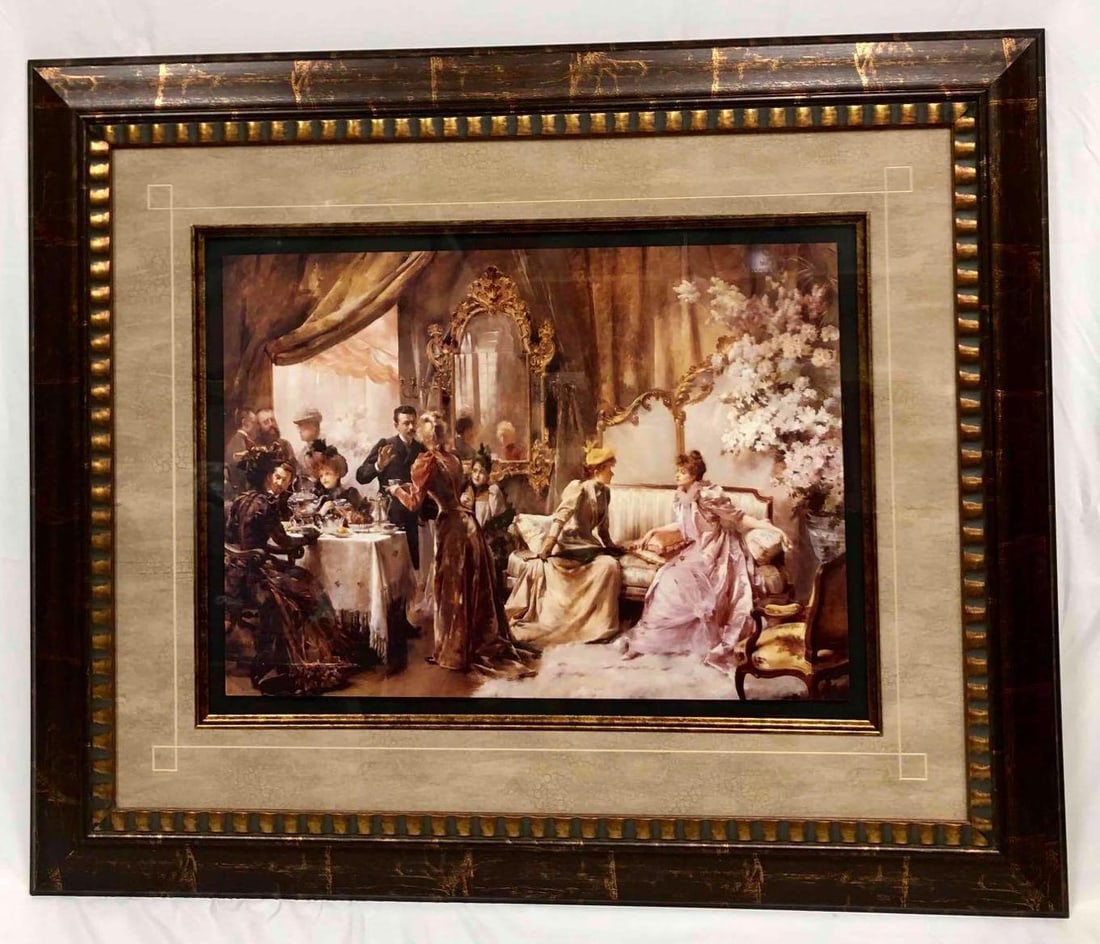 Print of "An Elegant Tea Party In The Artists Studio" By Madeleine Jeanne Lemaire: This lot contains a print of "An Elegant Tea Party In The Artists Studio" by French painter, pastelist and illustrator Madeleine Jeanne Lemaire. Lemaire specialized in elegant genre works. Her