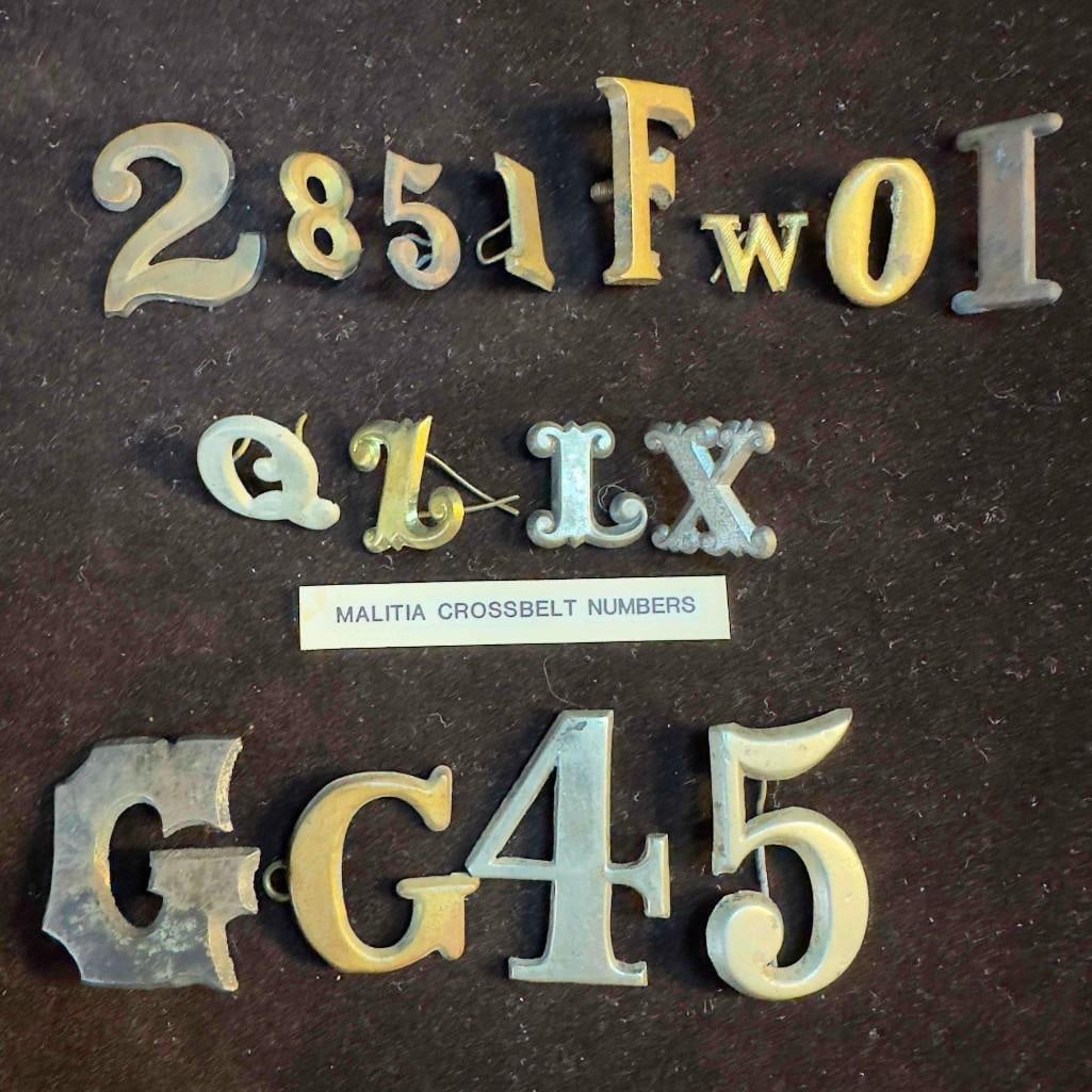 Civil War Insignia Militia Cross Belt Hat Brass Badge Letters and Numbers Set: These pieces of Militaria have been researched to the best of our ability prior to listing. Please reference all our photos as they are part of our description. Civil War Insignia Militia Cross Belt H