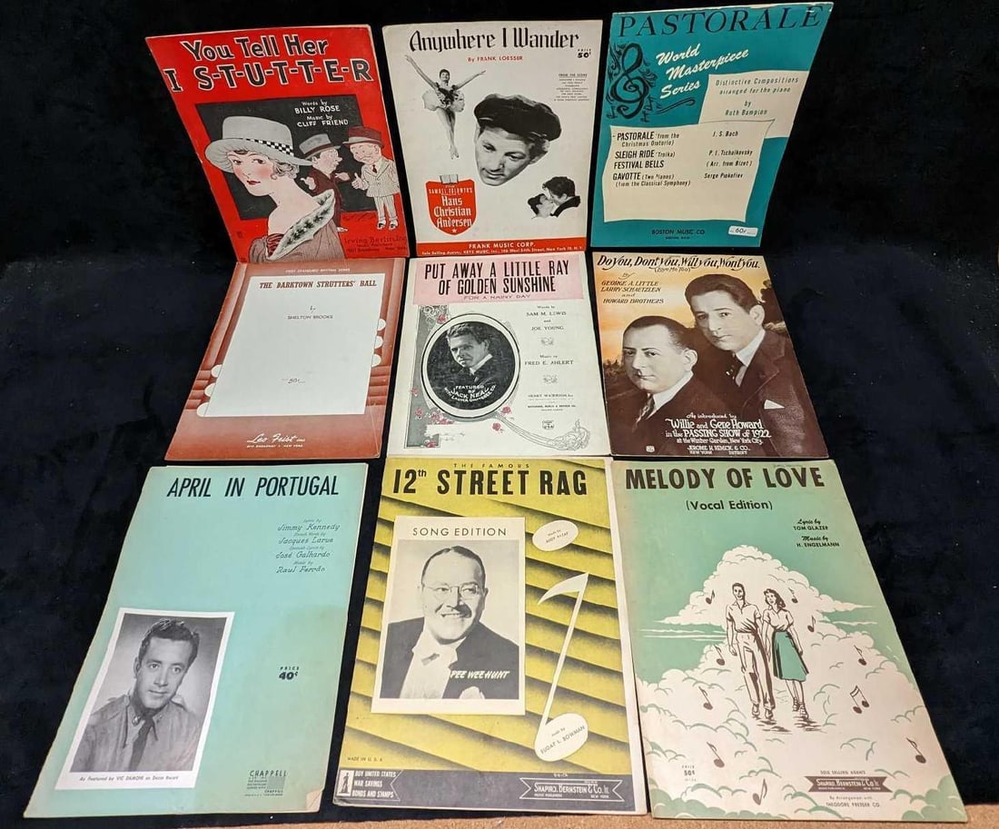 9 Vintage Sheet Music Melody Of Love Anywhere I Wander: 9 Vintage Sheet Music Melody Of Love Anywhere I Wander. This lot includes: (1) Pastroale - World Masterpiece Series. This was copyrighted in 1962. (1) Melody Of Love - Vocal Edition.?This was