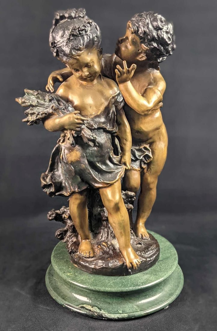 Secret By Auguste Moreau Bronze Sculpture X9: "Secret" After Auguste Moreau Bronze Sculpture.Is approx 10" x 10" x 18" and weighs 56.50lbs. Is in a good, vintage condition with light wear. Auguste Moreau (1834 ? 1917) was a