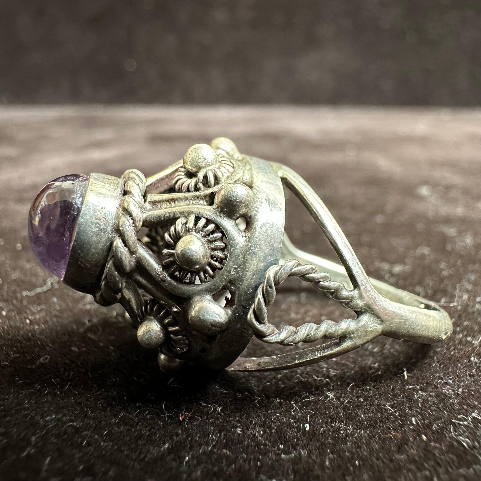 Amethyst Purple Stone Boho Style Silver Ring - 5