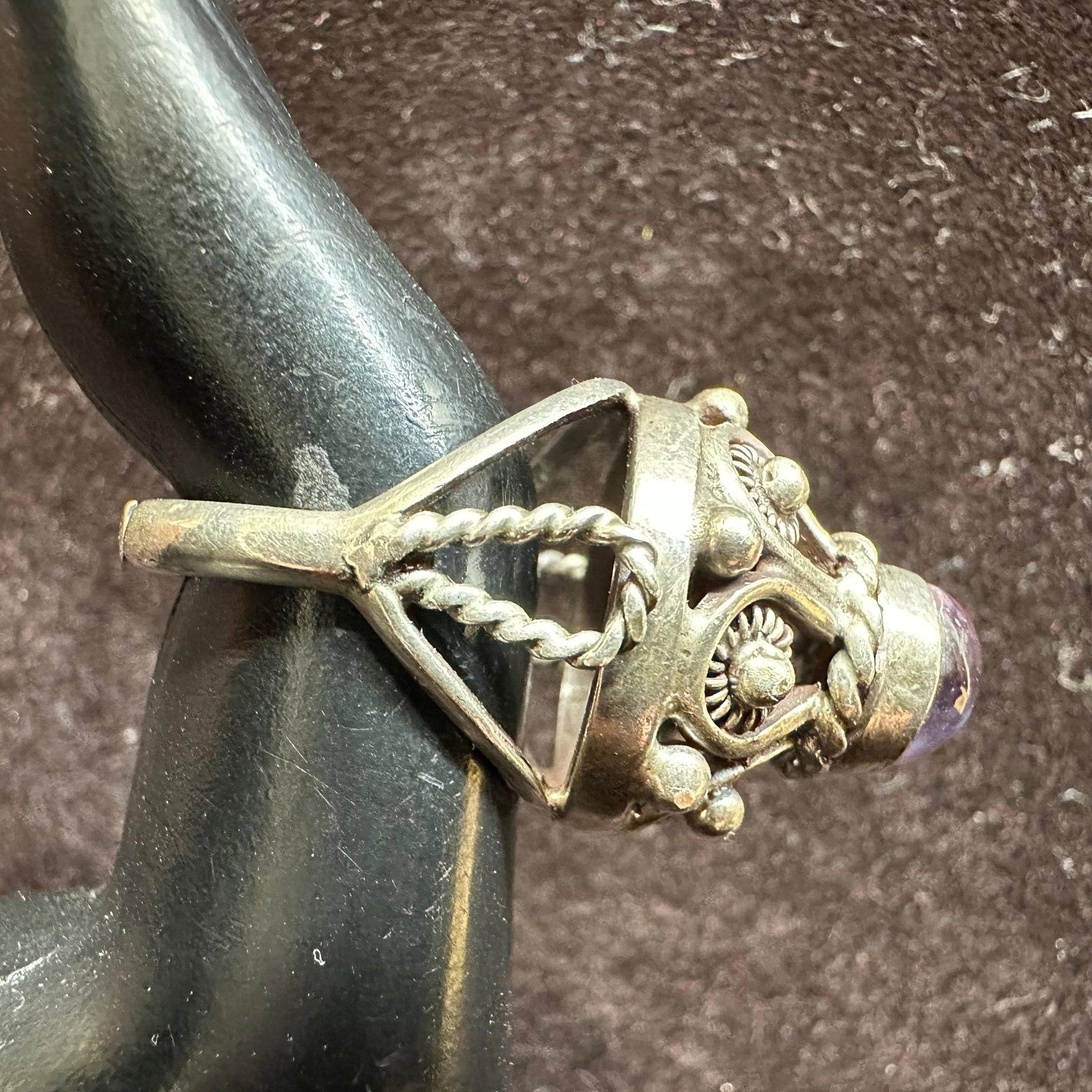 Amethyst Purple Stone Boho Style Silver Ring - 6