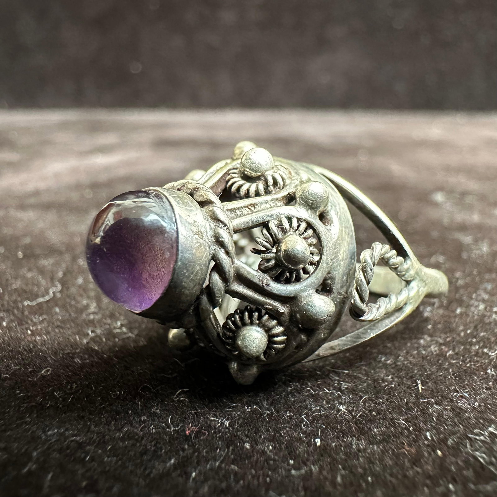Amethyst Purple Stone Boho Style Silver Ring - 7