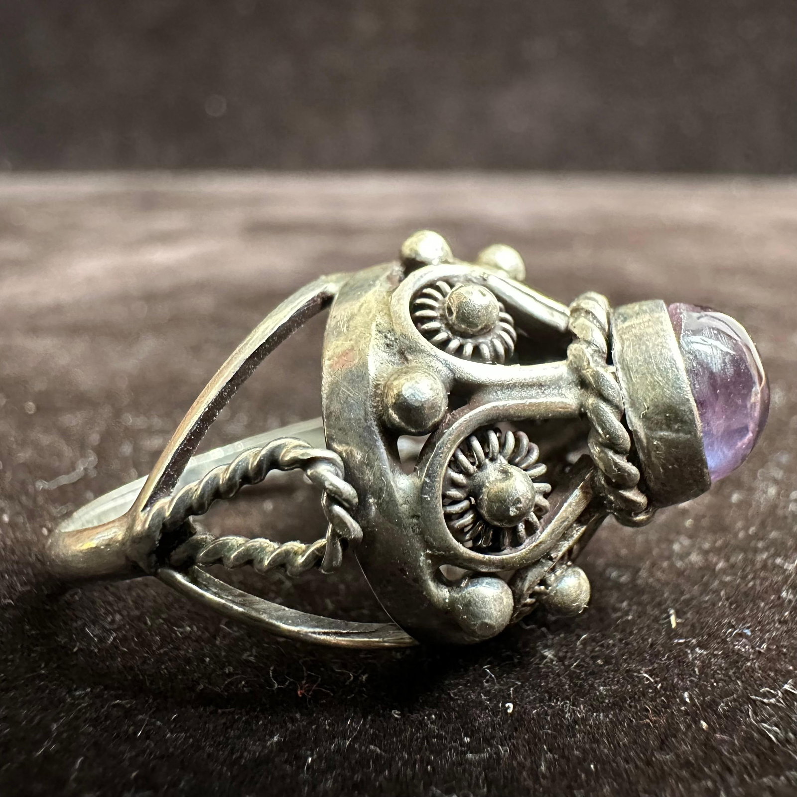 Amethyst Purple Stone Boho Style Silver Ring - 8