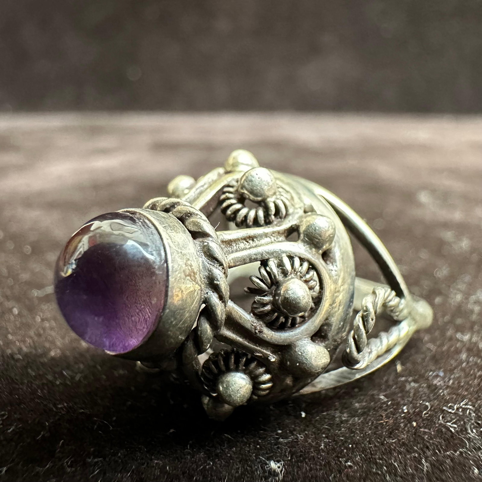 Amethyst Purple Stone Boho Style Silver Ring - 9