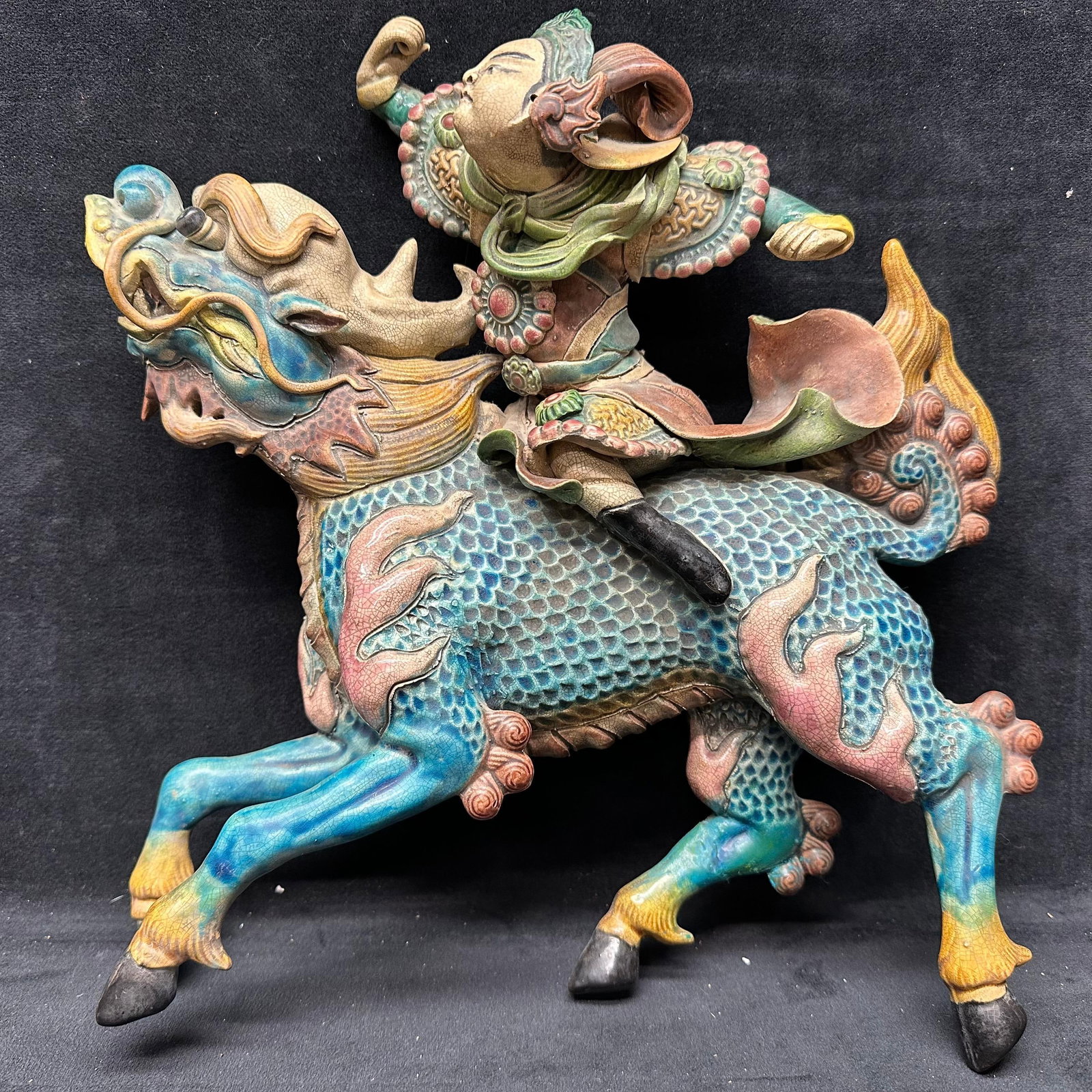Chinese Warrior Riding Dragon Glazed Terra Cotta Hanging Wall Sculpture Qilin Mythology Style Roof: Hand-painted Chinese warrior riding a dragon, a mythological creature, figurine. Made of clay/ceramic with detailed colors and traditional styling. Crazing, a few minor flakes, surface chips, loss to 