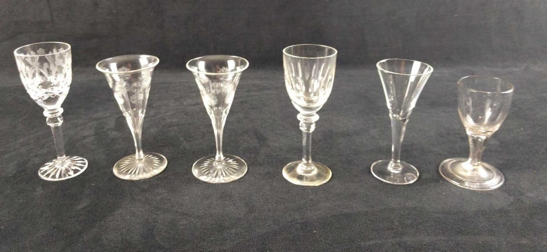 6 Assorted Crystal Glass Sippers Port Sherry Glassses C: This lot includes six different sippers (2 are the same!), sherry glasses port glasses, and other small wine glasses. Some are crystal and some are glass. Most are not marked. Glasses range from