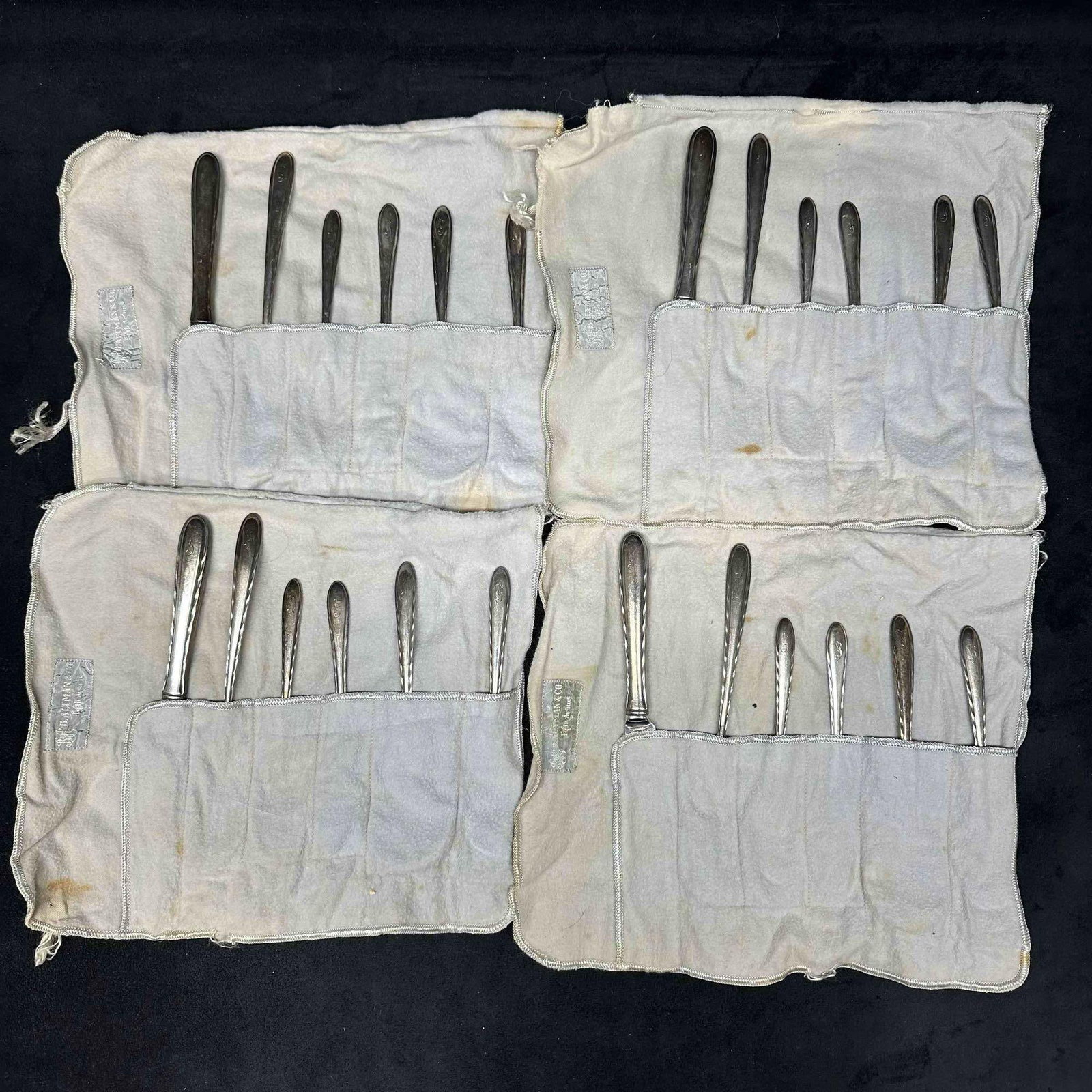 Towle Silver Flutes Silverware Place Setting Fork Spoon Knife Sterling Silver Utensils Y Monogram: Each piece has a unique design along the handle, Silver Flutes pattern, including forks, spoons, and knives. Each piece has Towle hallmark and Sterling engraved marking on the back of the silverware.