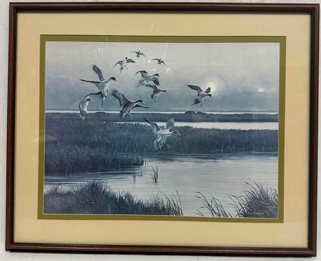 A.J. Rudisill Arriving Pintails Flock of Ducks Framed Artwork R146: A.J. Rudisill Arriving Pintails Flock of Ducks Framed Artwork R146. The frame is showing light wear. This item is in pre-owned, previously displayed condition with normal light wear, and surface