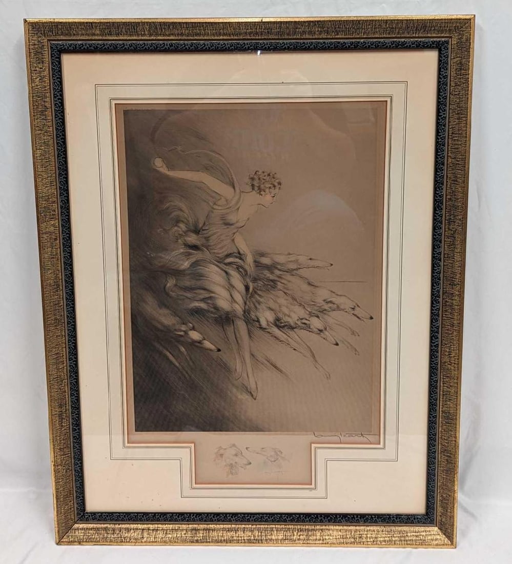 Vintage Louis Icart Double Signed Zest With Remarque: Vintage Louis Icart Double Signed Zest With Remarque. This is approx 24" x 1 1/4" x 31 3/8" and it weighs 8.90lbs. The backing has tape and rips. The matting has some markings from age, and the top of