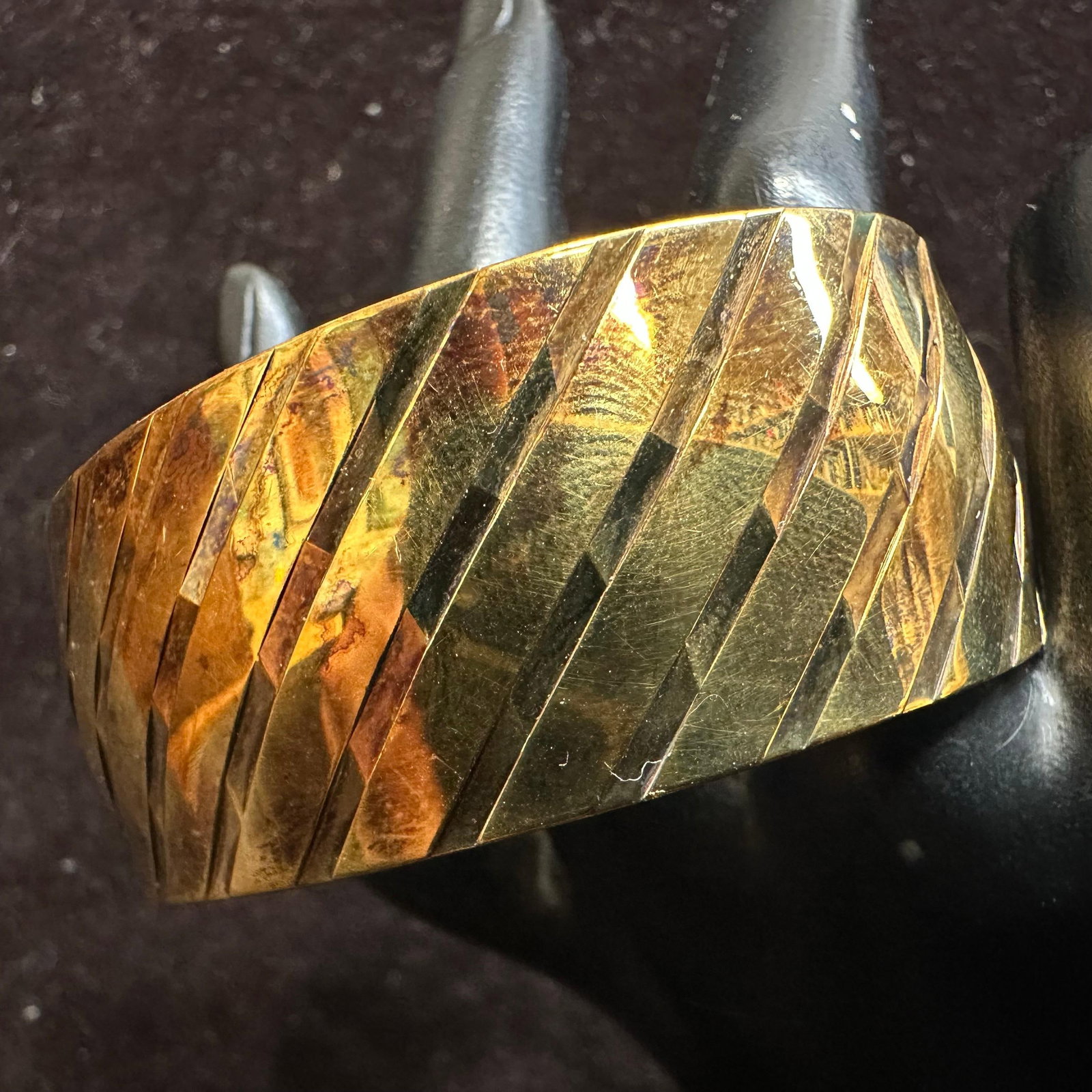Gold Plated Sterling Silver Gorham Wide Etched Cuff Bracelet: This item is in good pre-owned, previously used/displayed condition with noticeable light wear and surface scratches. Please reference all photos for full details. This piece of jewelry has been teste