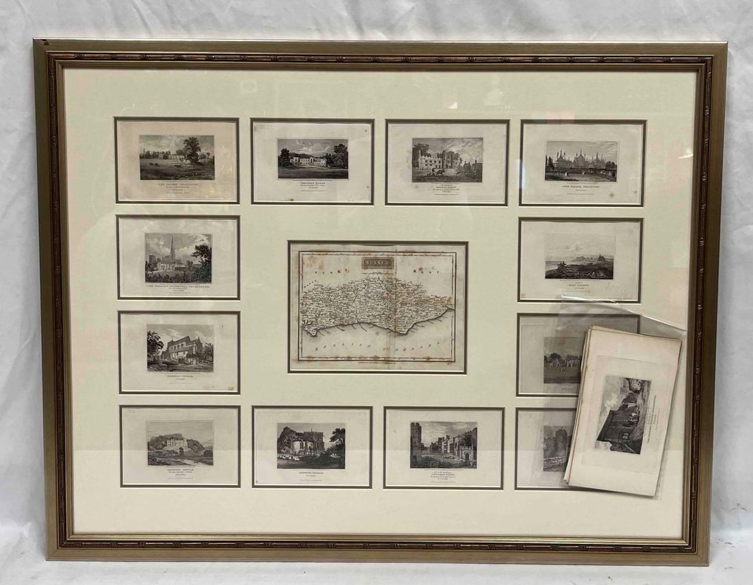 Framed Collection Engravings & A Map From The Excursions In The County Of Sussex Published In 1822: This lot contains a Framed Collection Engravings & A Map From The Excursions In The County Of Sussex Published In 1822. It is approx 28" x 35 3/4" and it weigh about 11lbs. Overall the frame is i