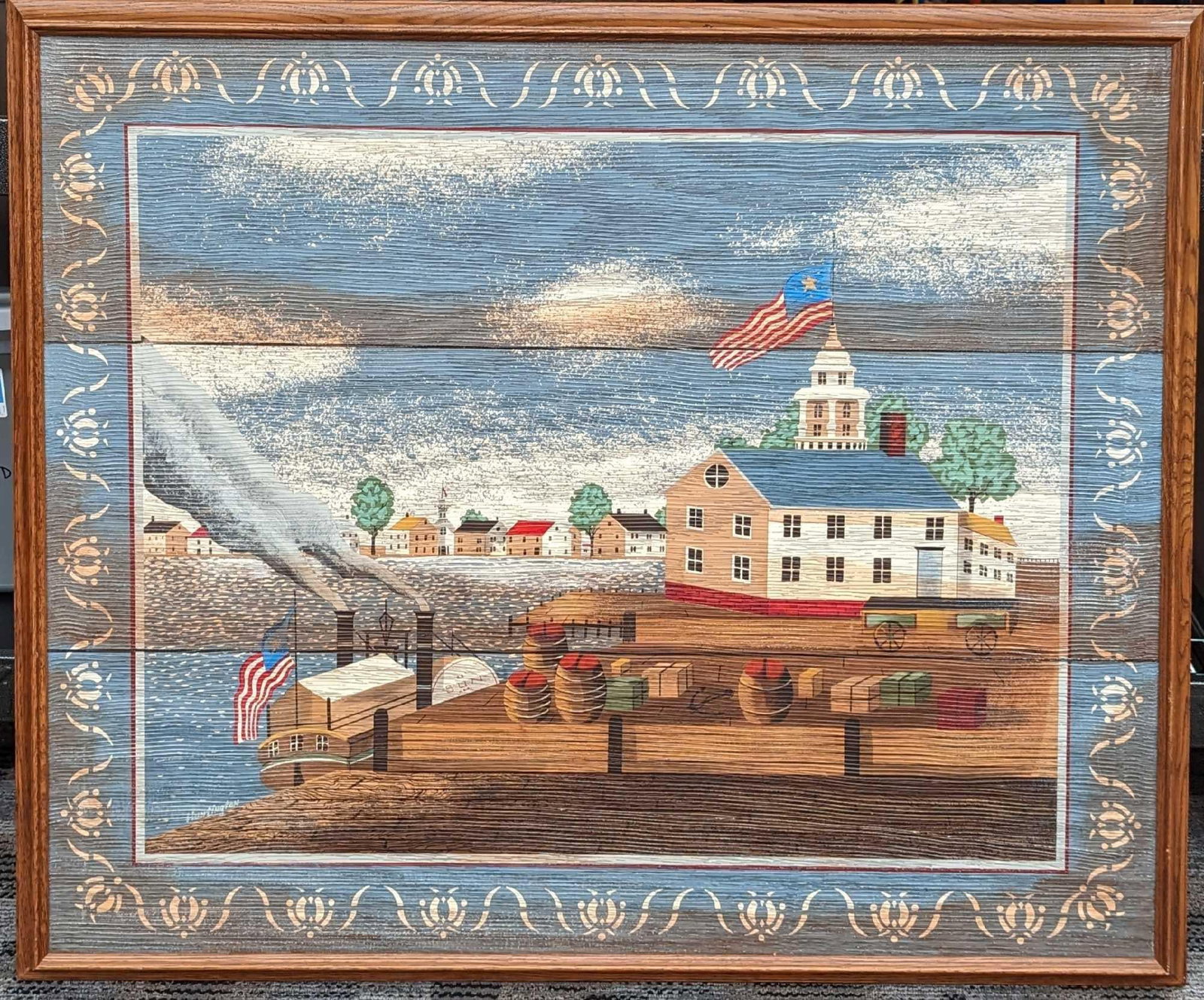 Large Framed Huntington Print On Canvas Folk Art: Large Framed Huntington Print On Canvas Folk Art. This framed print on canvas is approx 46 3/8" x 2" x 40" and it weighs 10lbs. The canvas is approx 44" x 32". There are markings on the print to 