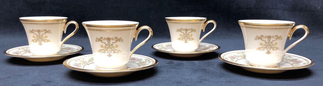 Lenox "Castle Garden" Gold Trim Cup & Saucer (8 pc): This lot contains a Set of 4 (8 pc) Lenox "Castle Garden" Gold Trim Cup and Saucer Set. Made in USA. Each cup is approx 3" x 4-1/2" x 3-1/2" and saucer is approx 6" x 6" x 