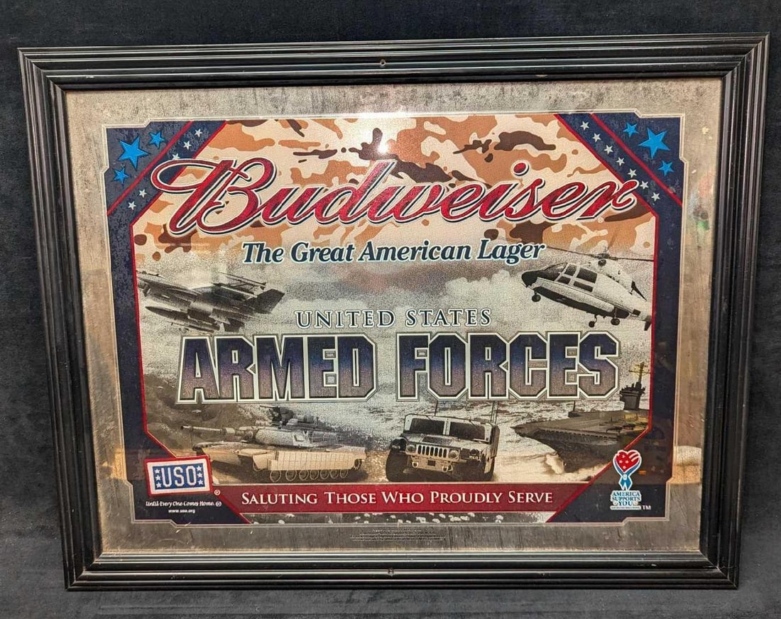 Budweiser United States Armed Forces Beer Mirror Sign: Budweiser United States Armed Forces Beer Mirror Sign. This is approx 26" x 1" x 20 1/2" and it weighs 3.60 lbs. The frame has some chips and scratches. The backing does not have