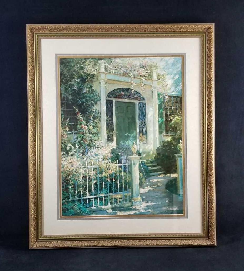 Abbott Fullers Portsmouth Doorway Screen Print Framed: This framed screen print is called "Portsmouth Doorway" by Abbott Fuller. It is triple matted and in a beautiful frame. The artist signature is copied. It is in good used condition with no known