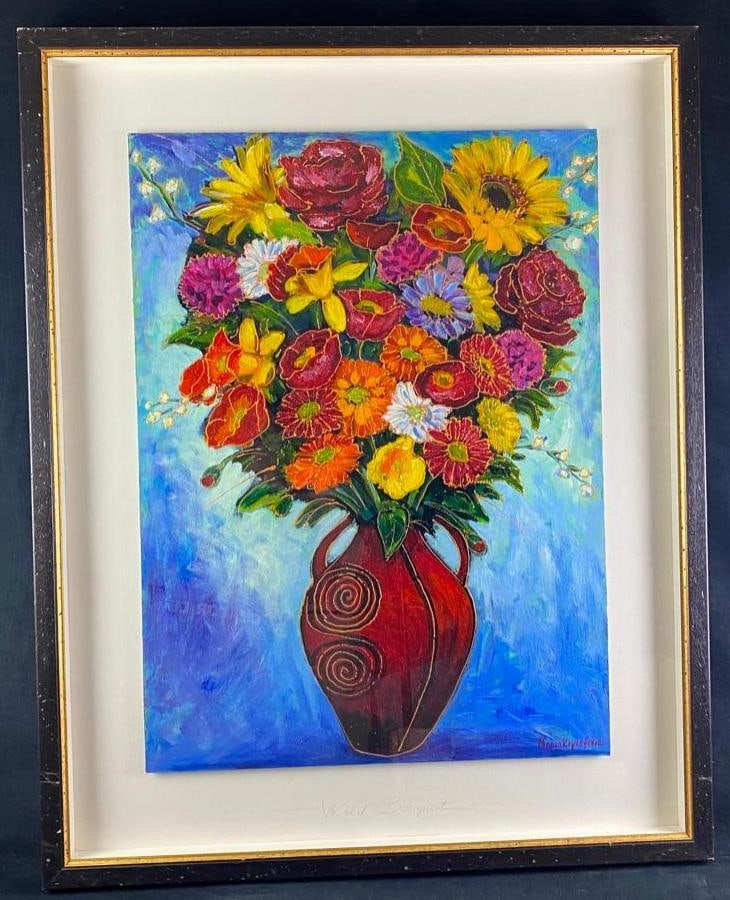 Maria Reyes Jones "Wild Bouquet" Acrylic on Canvas: Maria Reyes Jones "Wild Bouquet" Acrylic on Canvas Original acrylic on canvas painting by Florida artist Maria Reyes Jones. The painting features a bouquet of flowers of several colors and var