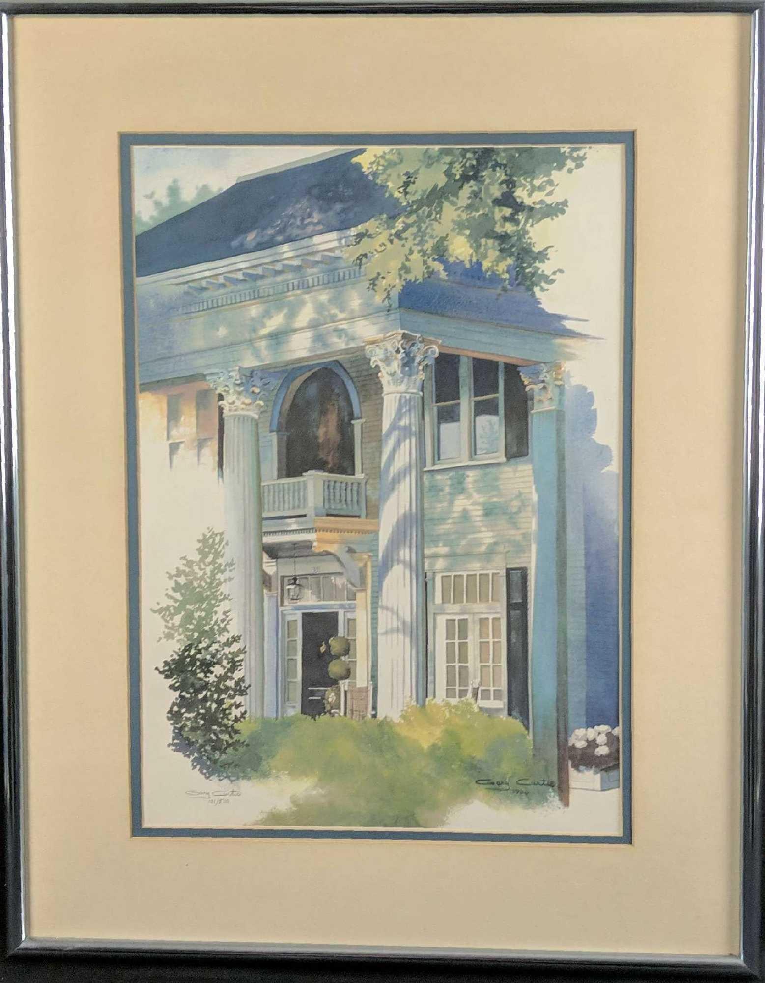 Gary Curtis Limited Print Beautiful House: Limited edition hand signed print of water-color painting Gary Curtis did of a house. Framed art is approx 22" x 1 1/2" x 28". Print is approx 14" x 20". Framed art is in good, use