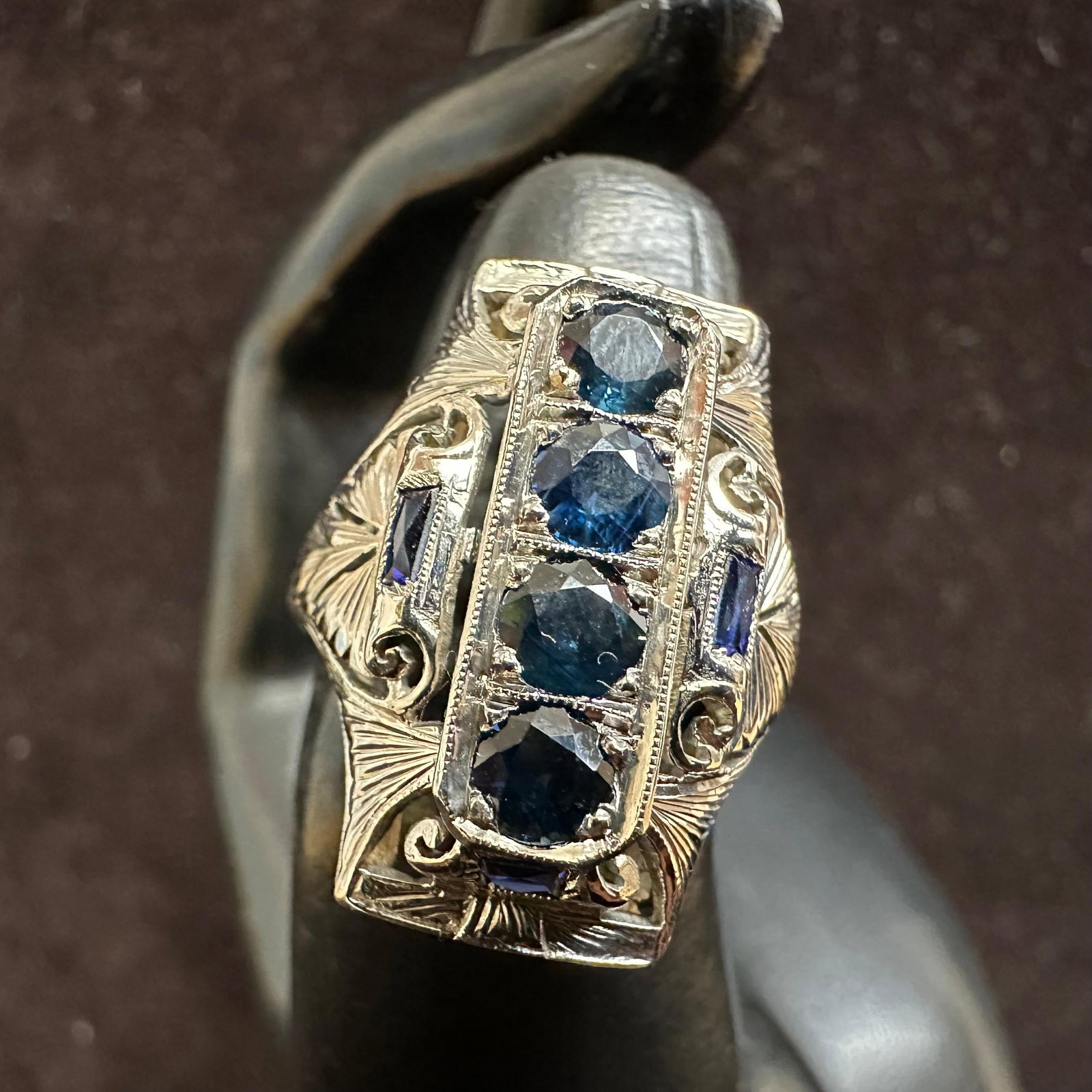 Belais Dark Blue Sapphires 18K White Gold Art Deco Fine Ring: This item is in good pre-owned, previously used/displayed condition with noticeable light wear and surface scratches. Please reference all photos for full details. This piece of jewelry has been
