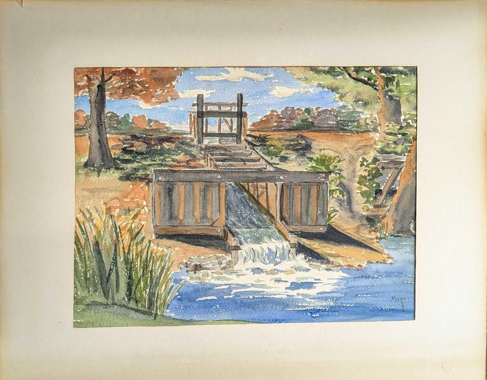 Vintage Mabel Burr Watercolor On Paper: Vintage Mabel Burr Watercolor On Paper. This is approx 19 7/8" x 16" and it weighs 0.40lb. There is some discoloration on the matting along with a rip on the top left corner. 