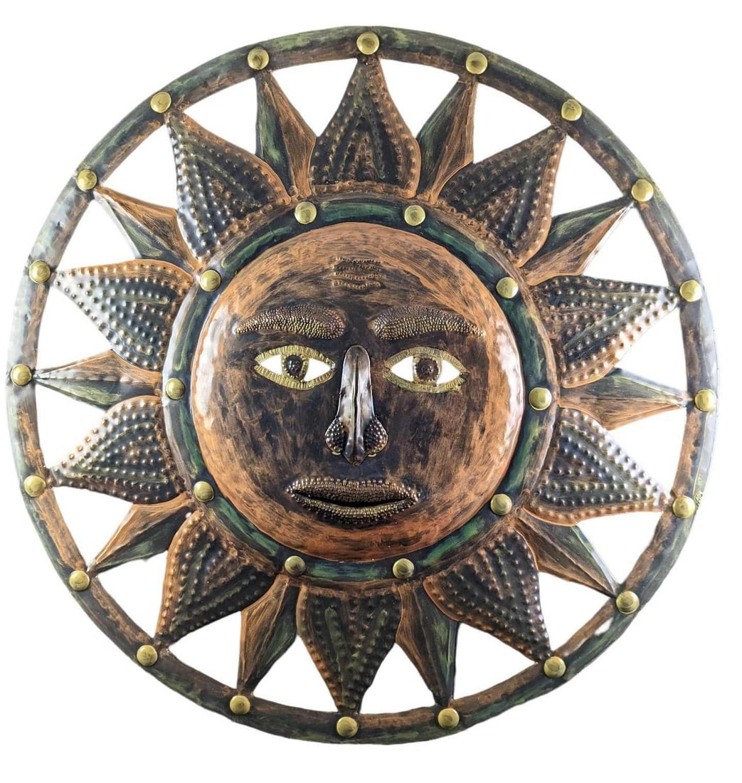 36 Inch Bronzed Sun from Heritage Galerie: Bronze Toned Light Metal "Sun" from Heritage Galerie. The wall sculpture is approx 36" x 3" x 36". It comes in its original box which is approx 37" x 4" x 37" and it weighs 14lbs. There are some 