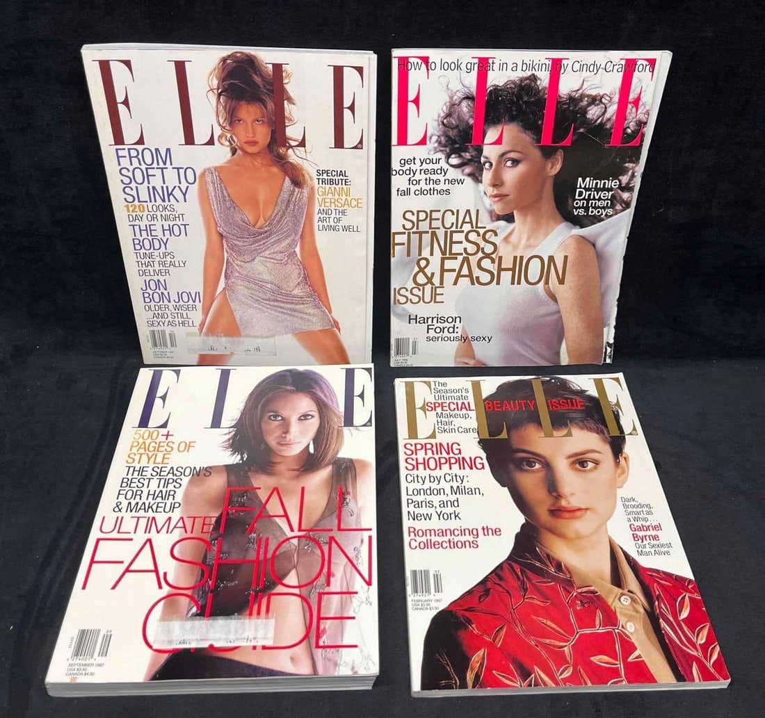 Four Vintage Elle Magazines (FC2): This lot contains Four Vintage Elle Magazines (FC2). Each magazine is approx 11" x 8 1/4". Total weight is 6.6lbs. Overall the vintage magazines are in good used condition with some minor shelf wear a