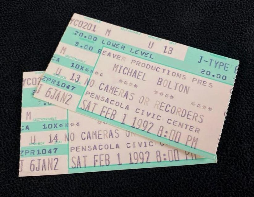 Vintage 1992 Michael Bolton Tickets: Vintage 1992 Michael Bolton Tickets Pair of tickets to see Michael Bolton on Feb 1, 1992 at the Pensacola Civic Center. Cool piece of memorabilia for Michael Bolton fans, would go great in a shadowbox
