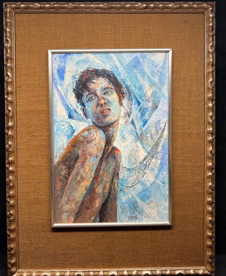 P. Baruch Framed Original Oil R72: P. Baruch Framed Original Oil Original oil painting signed "P Baruch". The painting shows a boy with a blue and white background. In good condition, with some wear to the frame. Approximate si