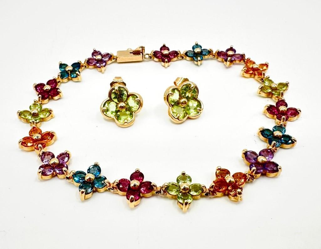 14k Gold Multi-Stone Bracelet & Earrings: This piece of jewelry has been tested and researched prior to listing. Please view all our pictures they are part of our description. DETAILS: Metal - 14k Gold Color - Yellow Gold Stones - Amethyst, T