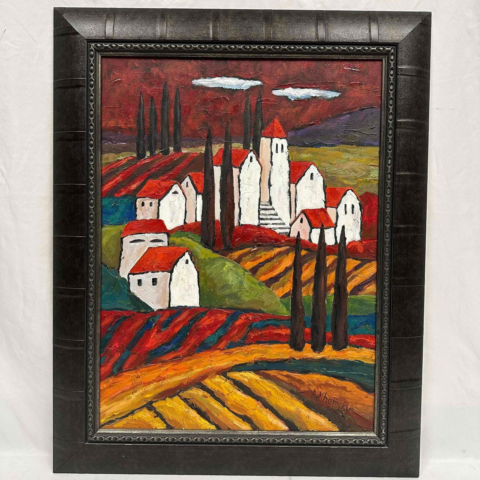 Original A. Khomsky Oil on Canvas Vibrant Tuscan Landscape Village Scene Framed (1 of 7)