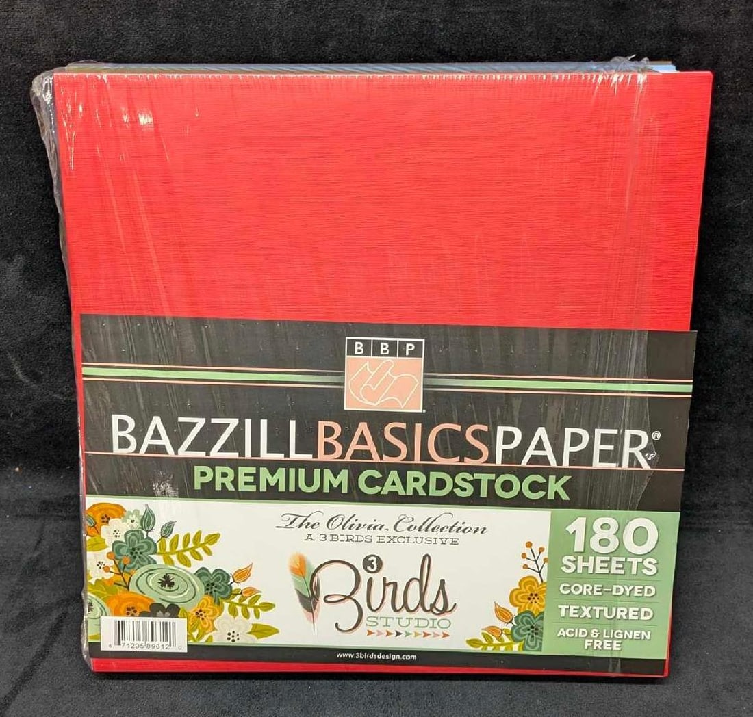 Bazzill Basics Paper Premium Cardstock By Birds Studio: Bazzill Basics Paper Premium Cardstock By Birds Studio. This is approx 12" x 12" x 2" and it weighs 7.40lbs. The plastic wrapper was ripped, but all the cardstock appears to be there.