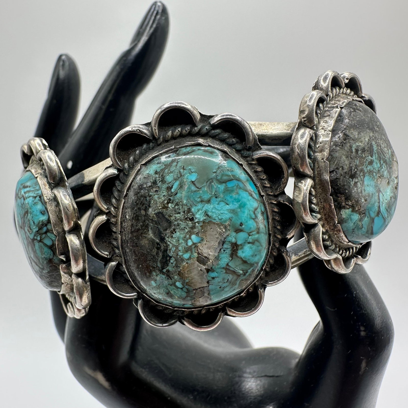 Silver Cuff Bracelet Three Large Domed Turquoise Bezel Set Rope Detail: This item is in good pre-owned, previously used/displayed condition with noticeable light wear and surface scratches. Please reference all photos for full details. This piece of jewelry has been teste