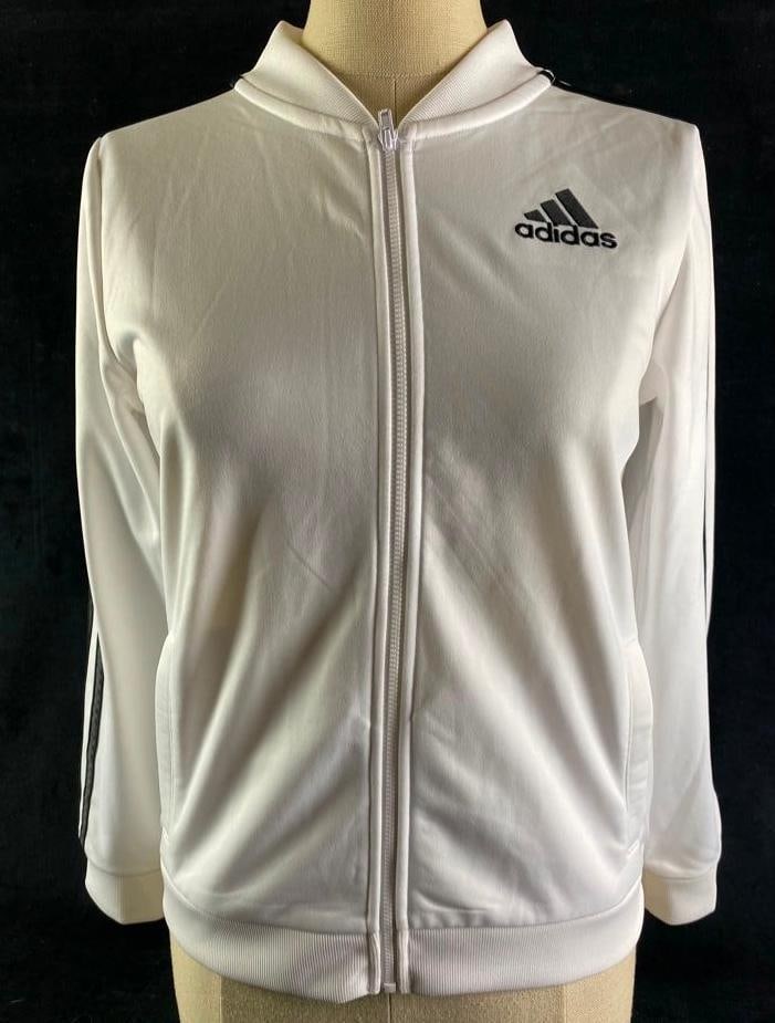XL Youth Adidas Track Jacket: XL Youth Adidas Track Jacket White Adidas track jacket with black stripes. The size is youth XL (16). In good condition with no known damage. Approximate size: 10" x 10" x 5" Approximate w
