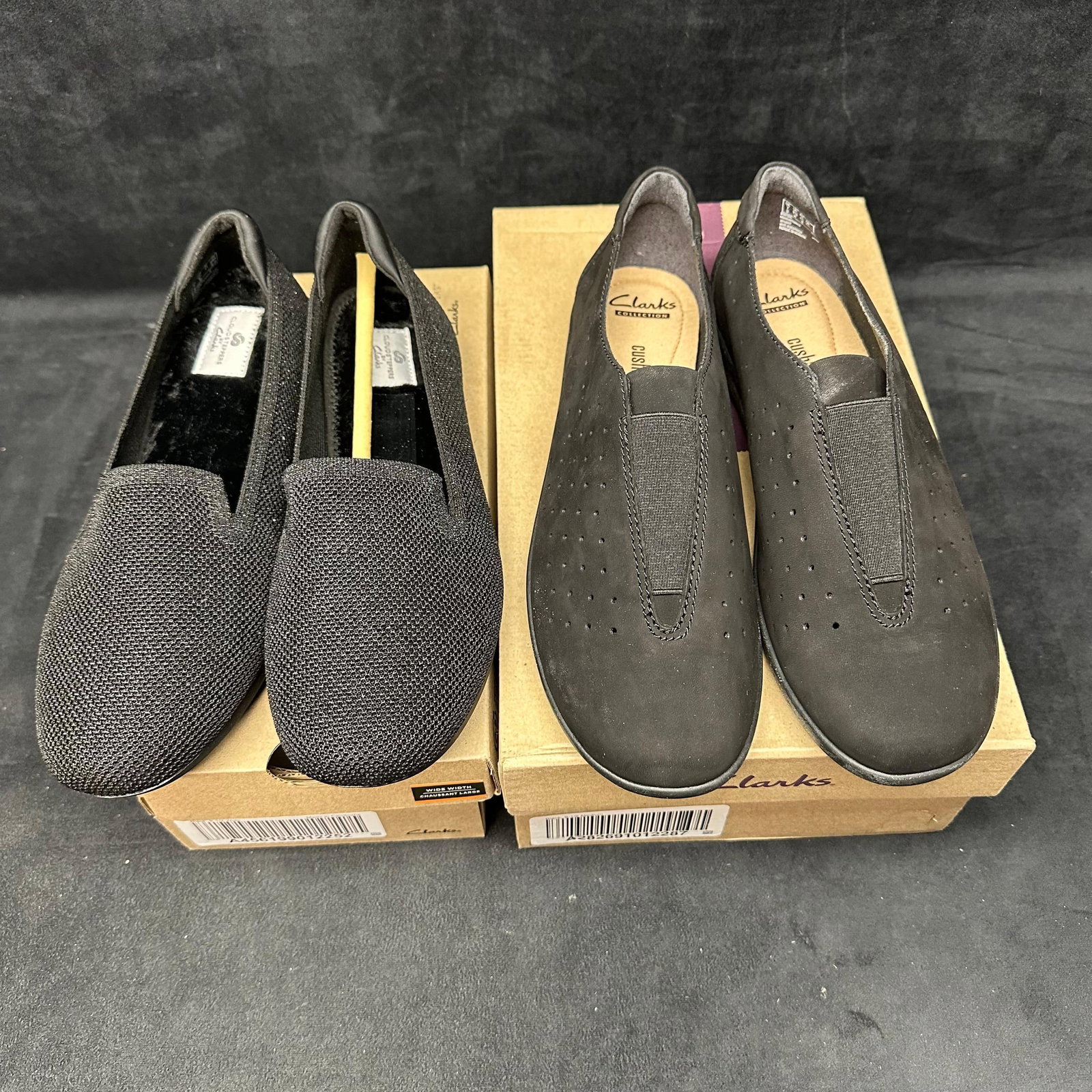 Clarks Collection Women's Comfort Shoes Lot of 2 Pairs Black Slip On Styles: Set of two pairs of Clarks Collection women’s comfort slip-on shoes, both in black and size 9.5M/W. Includes: Clarks CloudSteppers Black Knit Slip-Ons – lightweight and flexible with a sof