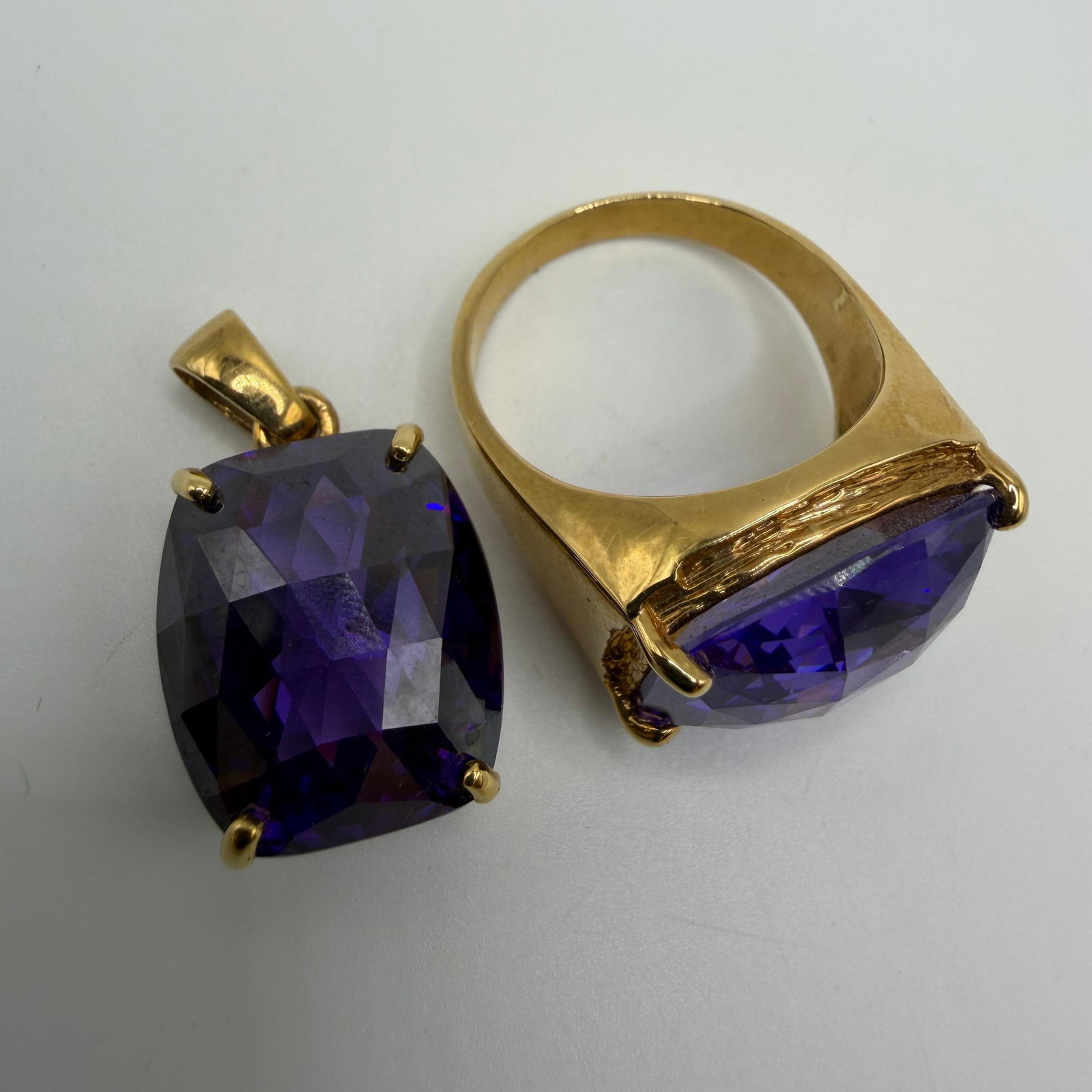 Gold Plated Sterling 925 Marked Faceted Amethyst Ring and Pendant: These items are in good pre-owned, previously used/displayed condition with noticeable light wear and surface scratches. Please reference all photos for full details. These pieces of jewelry have