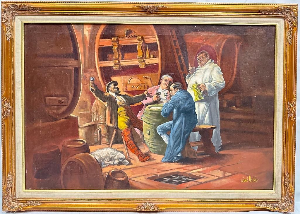 Szanto Oszkar Wine Cellar Scene Painting: Szanto Oszkar Wine Cellar Scene Painting Oil on canvas painting by Hungarian genre painter Szanto Oszkar sometime in the mid-century period. The scene features three men drinking wine in a cellar, sea