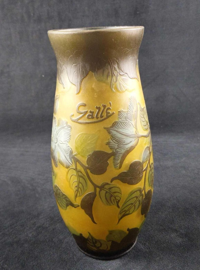 Vintage Acid Etched Green Glass Vase Galle Reproduction: Vintage Acid Etched Green Glass Vase Galle Reproduction With Stamp. Glass etching, or "French embossing," is a popular technique developed during the mid-1800s that is still widely used in