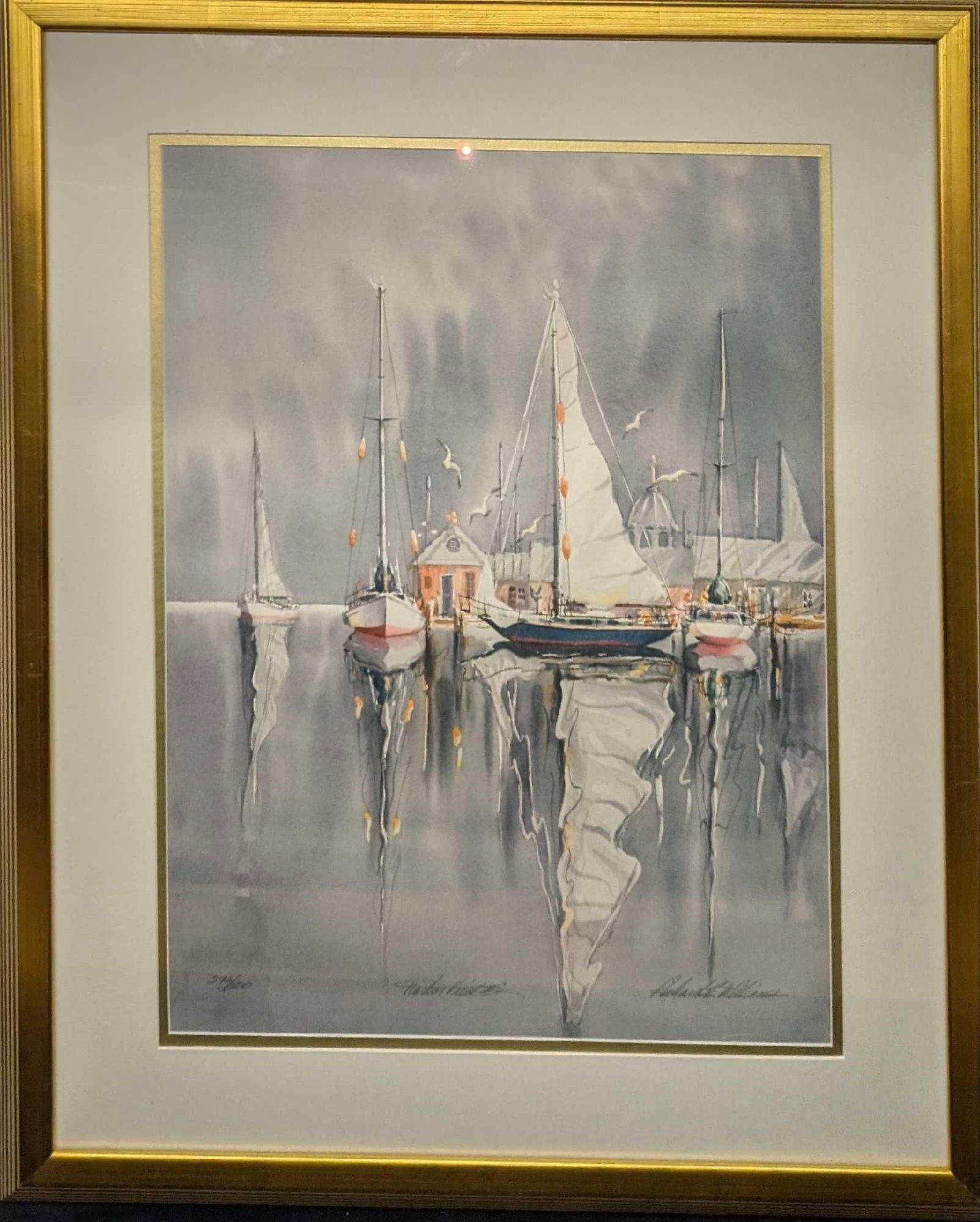 Framed Richard E. Williams Harbor View II Print R69: Framed Richard E. Williams Harbor View II Print R69. This one is approx 26 1/2" x 1" x 32 1/2" and it weighs 10lbs. The print was signed, named and numbered by the artist near the bottom edge of the