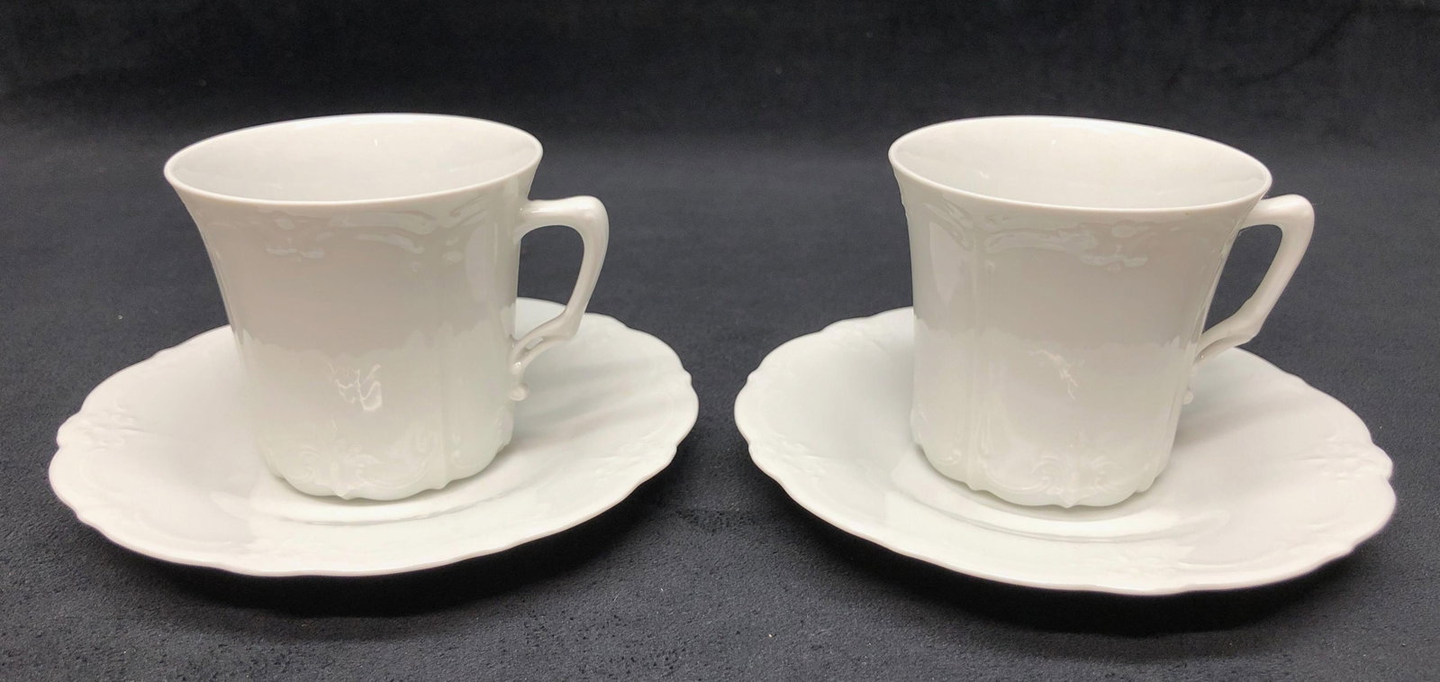 Hunterschenreuther Selb Bavaria 4pc Tea Cup & Saucer Set - Made in Germany - "Racine" White Pattern: Vintage Tea Cup and Saucer Set - Hunterschenreuther Selb Bavaria - Made in Germany - "Racine" All White Pattern. (2pcs) Tea Cup 3-3/4" x 3-1/4" x 3" (2pcs) Saucer 6" x