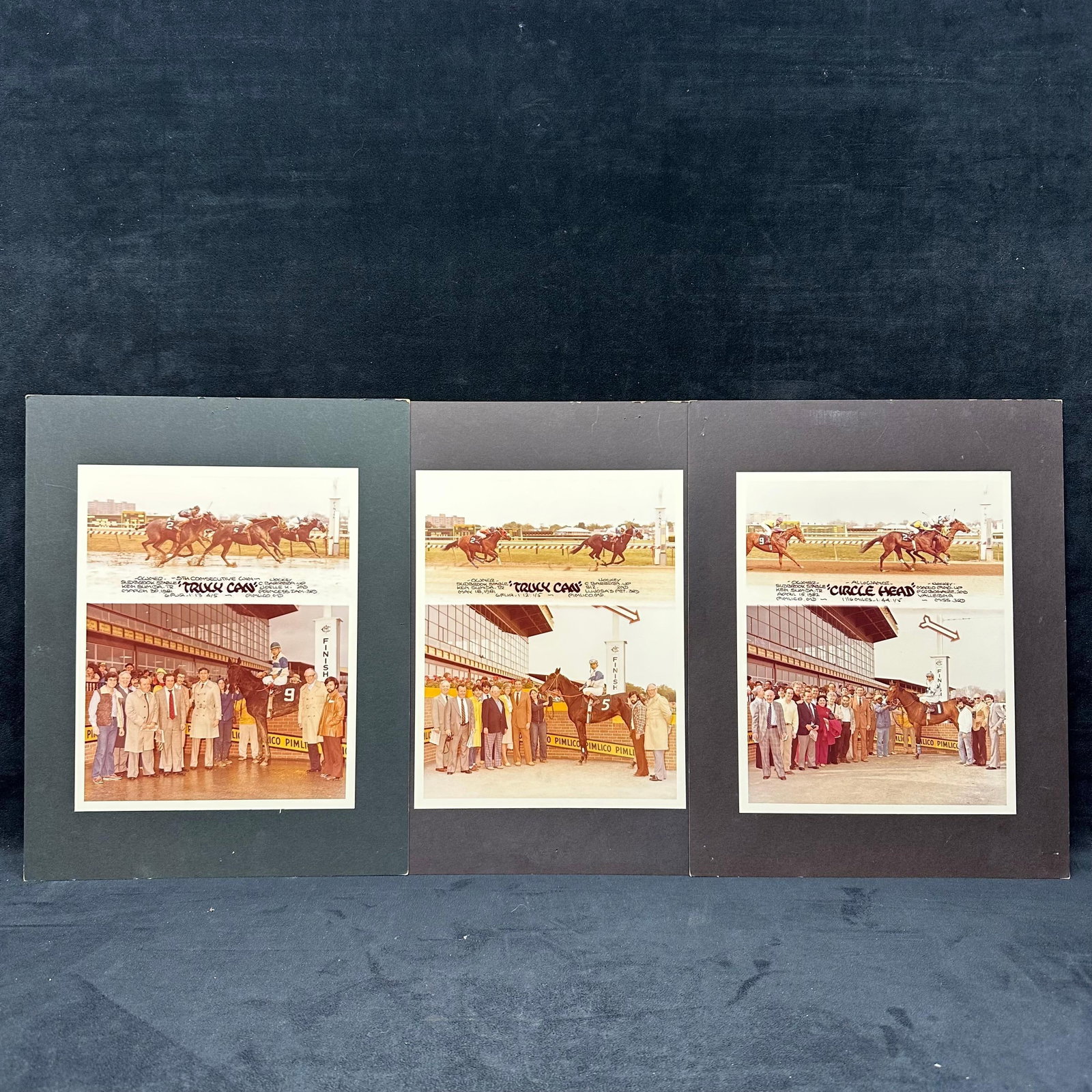 Vintage Horse Racing Photo Lot Pimlico Race Course Maryland Truly Can and Circle Head: Group of three vintage mounted color photographs depicting thoroughbred horse races and winner’s circle scenes at Pimlico Race Course, Baltimore, Maryland. Images feature horses Truly Can and Ci