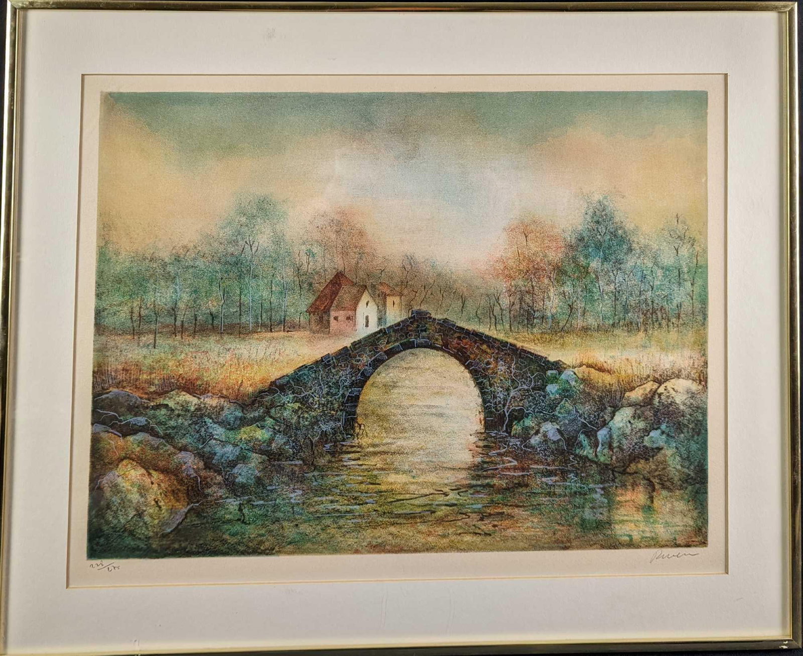 JB LE Antonio Rivera The Little Bridge Lithograph: Limited edition lithograph print of Antonio Rivera's "The Little Bridge". This is a limited edition of #228 out of #275. The print is signed and numbered by the artist on the border. The framed print 