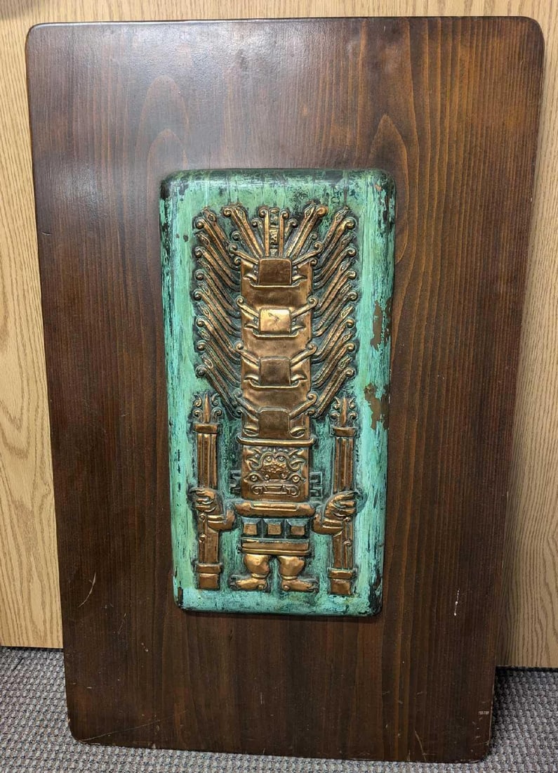 Vintage Brass Maya King Toem Art Plaque R72: Vintage Brass Maya King Toem Art Plaque R72. Mounted on a wood backing. This is approx 22" x 2" x 34 3/4" and it weighs 11.70lbs. The wood backing has some markings and scratches. Please see the