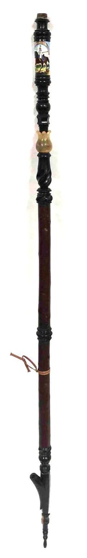 Huge Antique Tobacco Pipe Missing Bowl & Mouth Piece: This lot contains a huge antique tobacco pipe with a missing bowl and mouth piece. It is approx 51 1/4" x 1" and weighs about 1.4lbs. This pipe was beautifully crafted with a hand panited porcelain at
