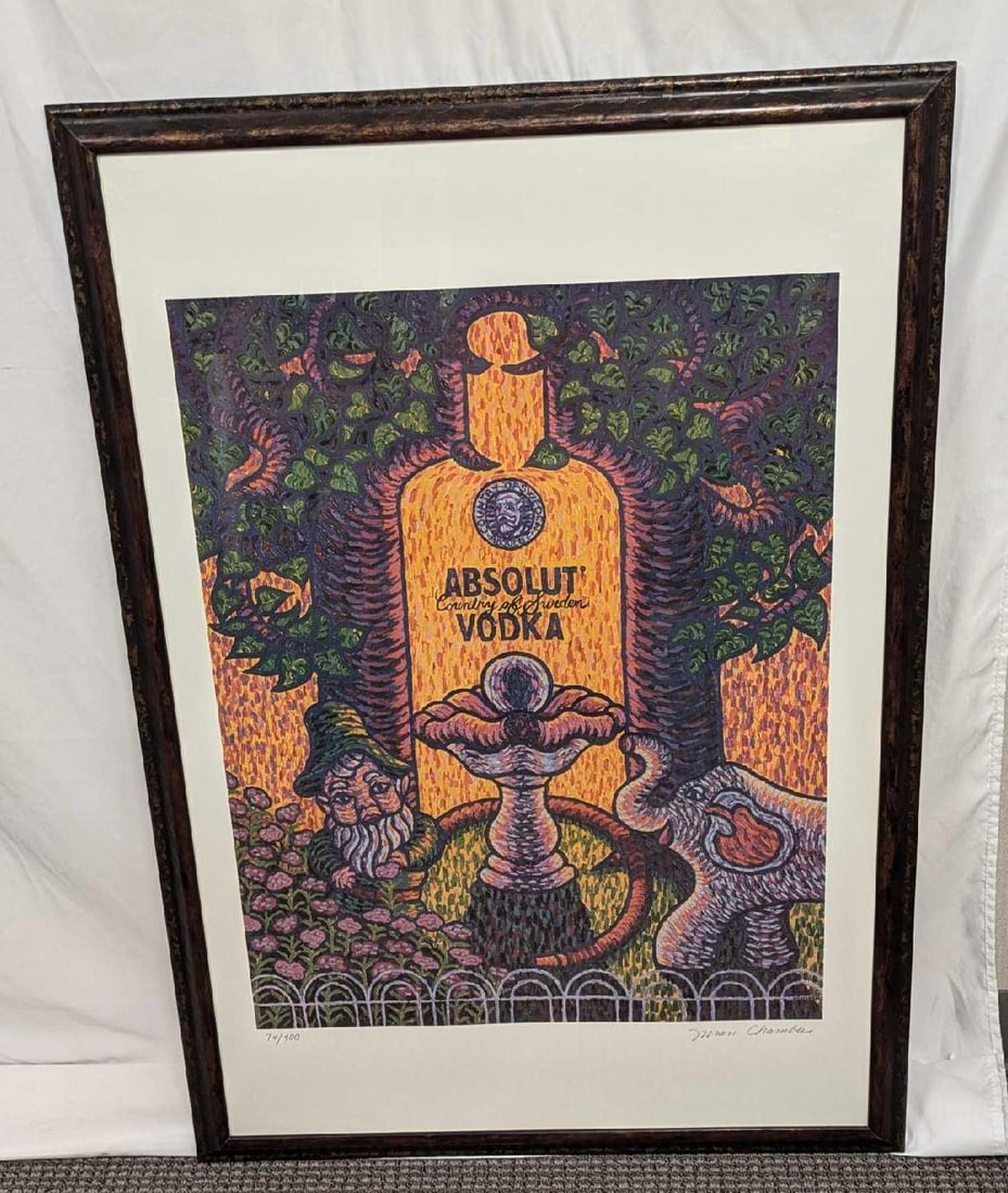 S&N Absolut Statehood: Arkansas Susan Chambers Print: S&N Absolut Statehood: Arkansas Susan Chambers Print. This lithograph is #74 out of #400. The framed print is approx 28 3/4" x 1 1/4" x 41" and it weighs 11.30lbs. The frame has small 