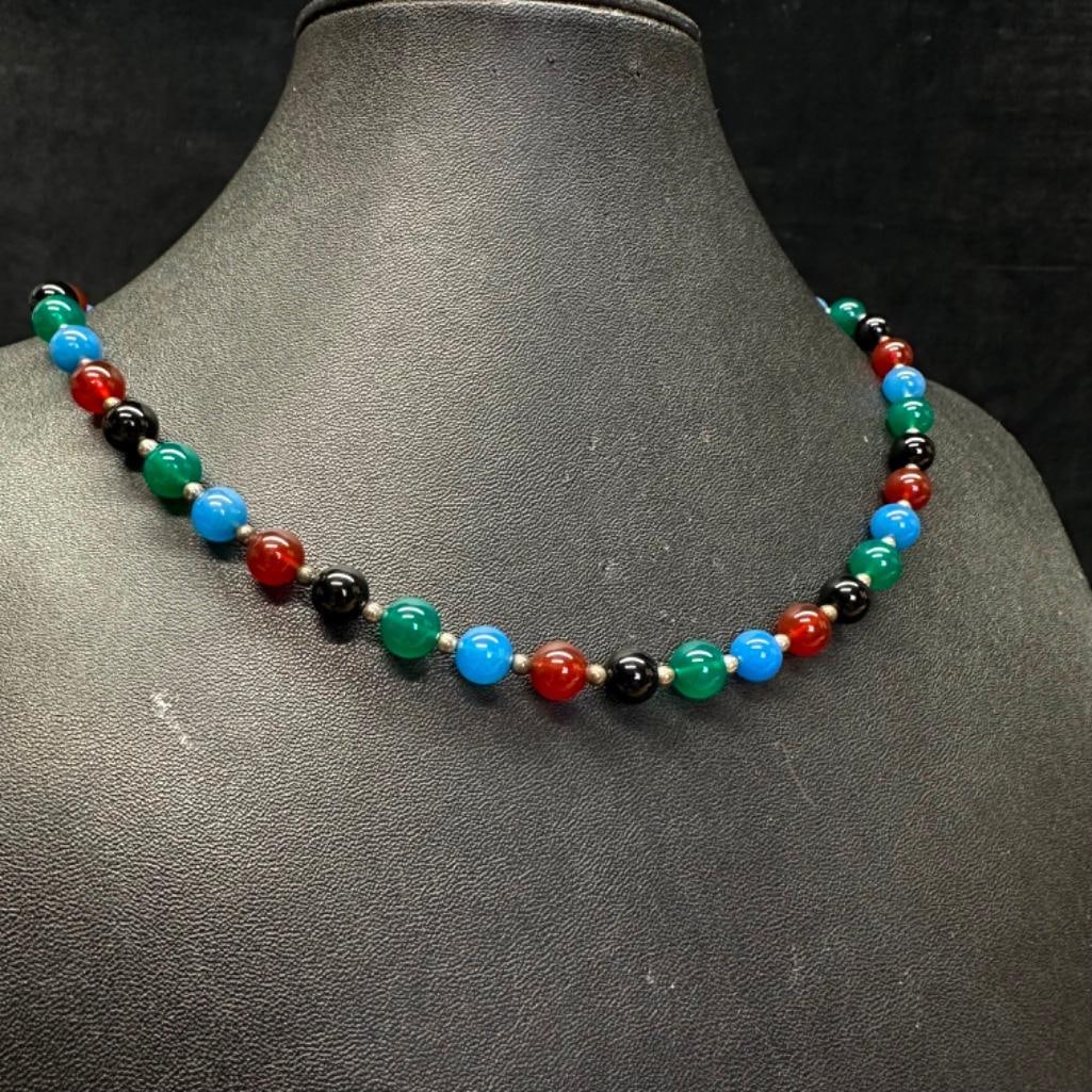 Sterling Silver Multi-Stone Necklace: This piece of jewelry has been tested and researched prior to listing. Please view all our pictures they are part of our description. DETAILS: Metal - Sterling Silver Color -Silver Stones - u/k Hallma